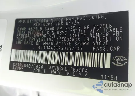 2025 Toyota Camry Xse/Xle/Le/Se из США, поврежденный, VIN 4T1DAACK7SU152544